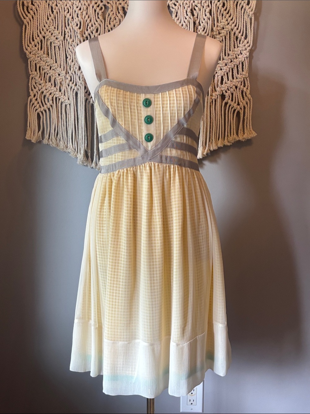 Matilda Jane Yellow Gingham Midi Dress with Gray Trim and Green Buttons